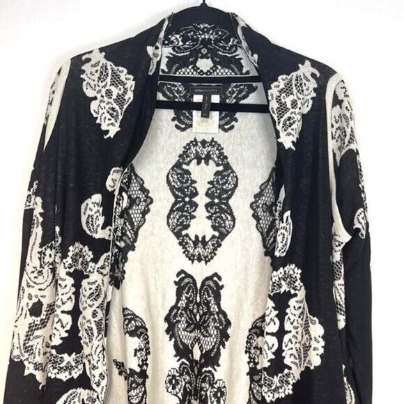 BCBGMAXAZRIA Silk Cardigan Sweater Black White Lace Jacquard Woven Size M/L EUC - Picture 2 of 13